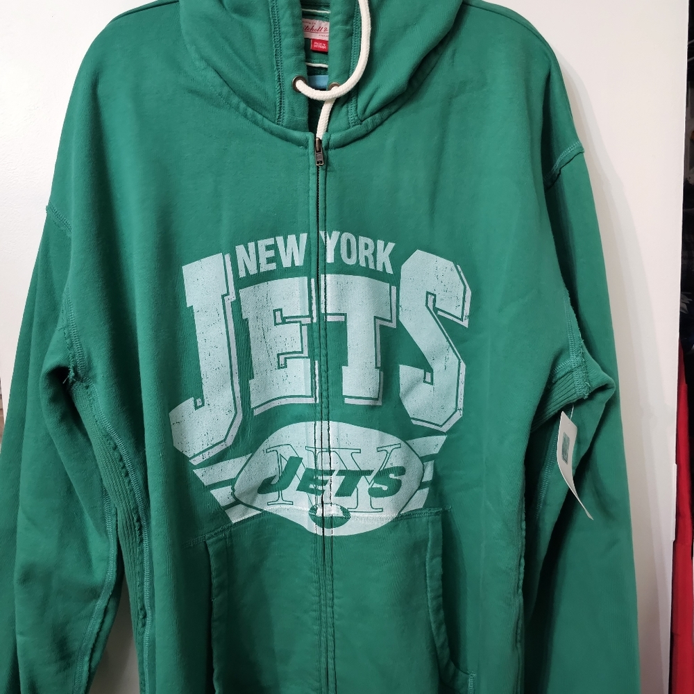 NEW MITCHELL & NESS NEW YORK JETS THROWBACK HOODIE DISTRESSED SIZE 4XL